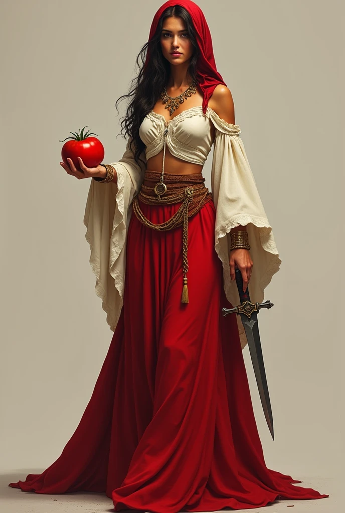 Make a woman, Authoritarian, gypsy she wears a simple long red skirt, a red tomato.
She wears a gypsy cloth on her head the same color as her skirt., red and a very light white shirt, long-sleeved with sleeves that cover the wrists and wide sleeves she wears bare feet and a golden bracelet on her hand and a golden ring on her waist she wore a simple belt that had a dagger with a protective cover on the dagger and was small hanging