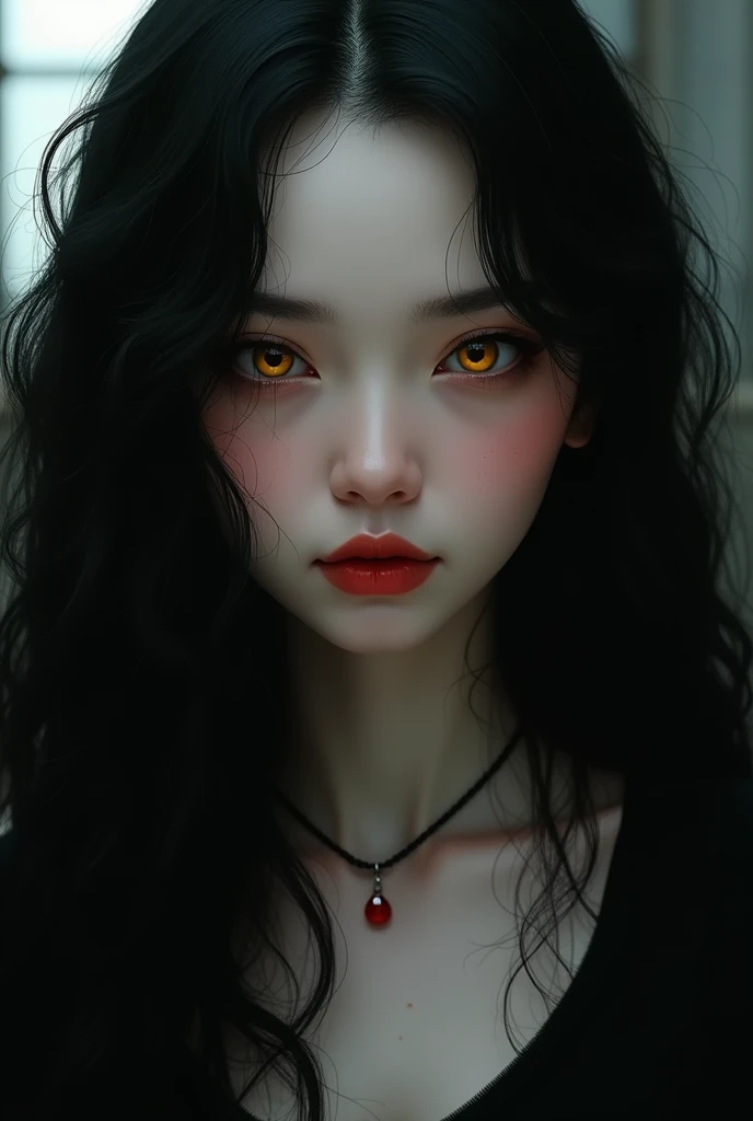 A girl with a dark aura, mysterious and attractive,despite a sweet face.
thin and striking face, fleshy lips ,yellow eyes with a striking shape,that look that makes anyone shiver, long hair,black and wavy,voluminous.
pale skin.
Innocent and natural appearance.