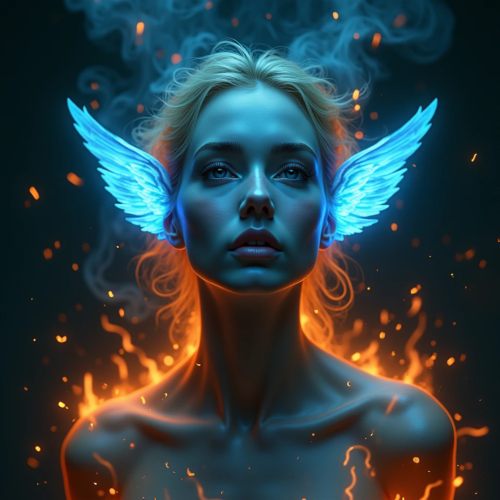 Drawing of normal ears with spiritual ears in neon blue tones Supernatural with fire sparks, Realist Animals