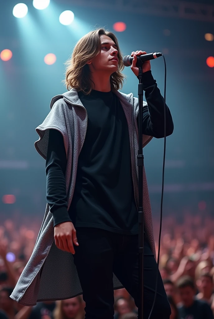 artwork best quality handsome american male teenager long brown hair light skin with coat with cape and silver hood on head black long sleeve shirt underneath singing holding a microphone seen from far away at a concert with details uhq 8k details