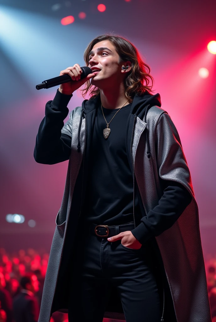 artwork best quality handsome american male teenager long brown hair light skin with coat with cape and silver hood on head black long sleeve shirt underneath singing holding a microphone seen from far away at a concert with details uhq 8k details