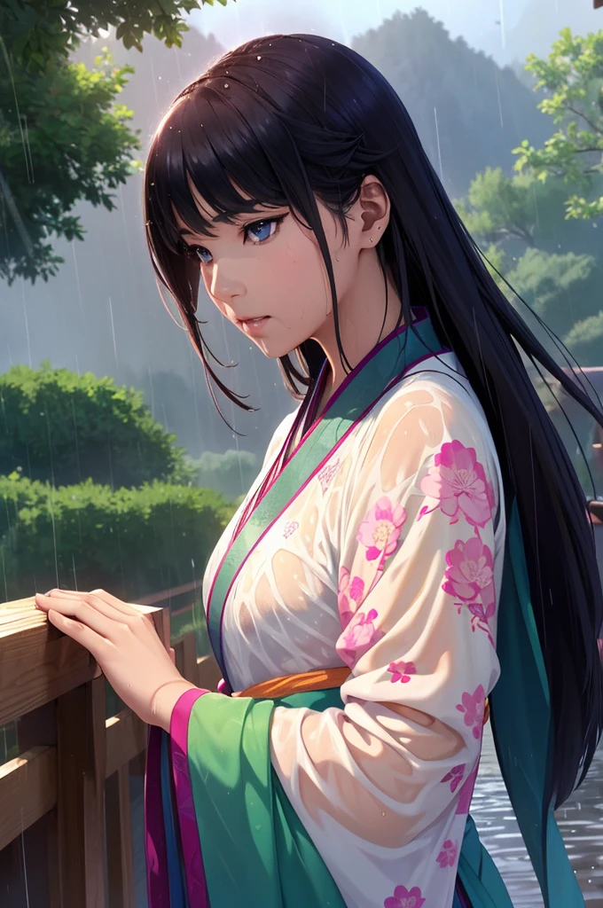 Heavy rain background、field、in the forest、walking in the river、On the run、In the fog (Highest quality,4K,8k,High resolution,masterpiece:1.2), Very detailed, (Realistic,Realistic,Photorealistic:1.37), High resolution, Hyper HD, Studio Lighting, Ultra-fine painting, Sharp focus, Physically Based Rendering, Very detailed説明, Professional, Vibrant colors, Bokeh, Sports Late, Ancient War Landscapes, Traditional Chinese Painting Techniques, Atmospheric lighting, Vivid color contrast, Ethereal atmosphere,Very detailed目と顔, Beautiful attention to detail, Light on the face,豪華なHanfu (Hanfu: 1.1),My whole body is wet、My clothes are wet and transparent、Nipples are visible、nipples color pale pink、Dynamic pose、Rain clouds spreading across the sky、Heavy rain weather、Pouring rain、Wind and rain storm、((Soaked skin from head to toe))、((Rain-soaked clothes(Rain dripping from clothes))、((The lines of your body are clearly visible through your wet clothes..))、Green Eyes、Tired look、Disheveled clothing、Slim figure、Small breasts