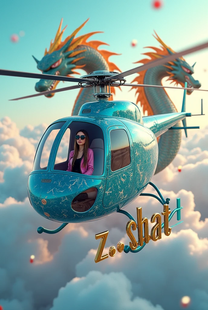 Create a 3d realistic big ligthning blue marmole helicopter floating in the cloud's,inside the helicopter there is a real beautiful woman long straight hair , wearing black pink jacket with pants and shoes, with sunglasses, the name "Zchat" is written infront of the helicopter in clearly gold and bold letters, backround sparkling by light blue yellow red and blue color, and two real big golden blue green dragon, in hyper realistic image photography