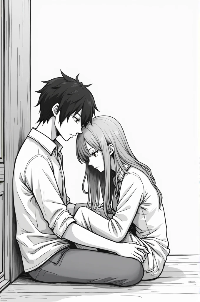 Give me a colorless picture, 2d comic drawing, in which the male character is sitting looking at the female character with a caring gaze ,The female character has a face like she is about to cry and needs to be comforted but doesn't look at the male character.