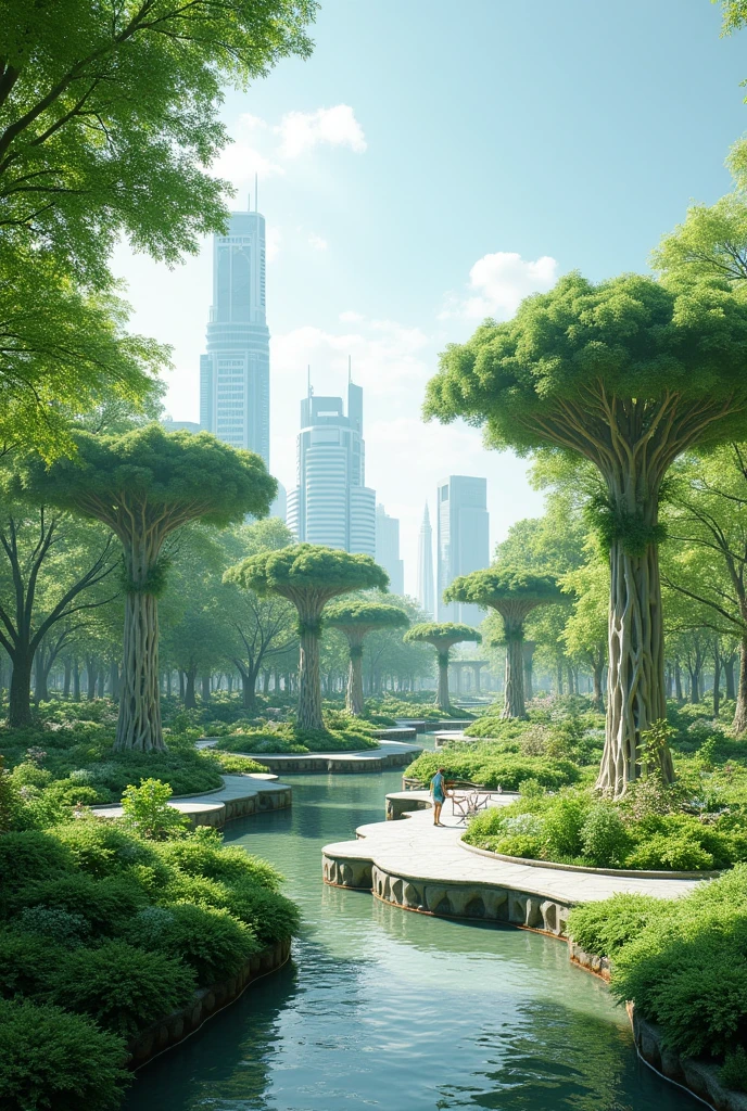 Futuristic green park in the near future, developed in response to recent global urban heatwave crises. This park features advanced climate control systems that create microclimates within the green space. The landscape includes cooling, misting zones and shaded areas with intelligent, responsive shading systems. Solar-powered water features and artificial streams provide a calming environment while helping to manage local temperatures. The park is designed with innovative, self-sustaining gardens that grow food and medicinal plants to support community health. Interactive digital signage offers information on environmental conditions and community initiatives. The image should be in high resolution (4K or higher) and provide a wide view of this environmentally adaptive park, showcasing how modern technology integrates with nature to create a sustainable urban retreat.