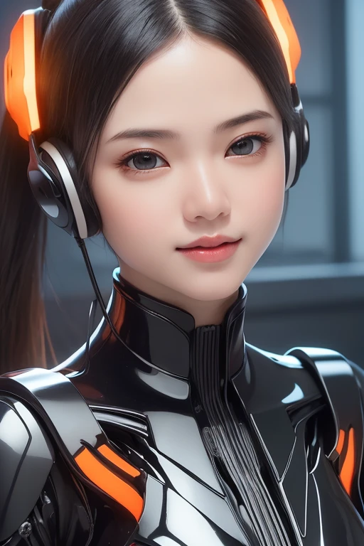 Top Quality, Masterpiece, Ultra High Resolution, (Photorealistic: 1.4), Raw Photo, 1 Girl, Black Hair, Glossy Skin, 1 Mechanical Girl, (((Ultra Realistic Details)), Portrait, Global Illumination, Shadows, Octane Rendering, 8K, Ultra Sharp, Intricate Ornaments Details, realistic skin, sweat effect, ((wearing Headphone)), very intricate detail, realistic light, CGSoation trend, brown eyes, glowing eyes, matte black and glossy orange mechanical bodysuit, Long hair, black hair, Ponytail hair, full body shot, spaceship bridge background, dynamic pose, cute smile, close up, 