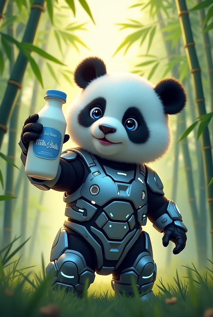 Draw a cool picture of a  panda in futuristic armor shaking a bottle of milk in the middle of a bamboo field, and put the name MilkゞShake below the picture.