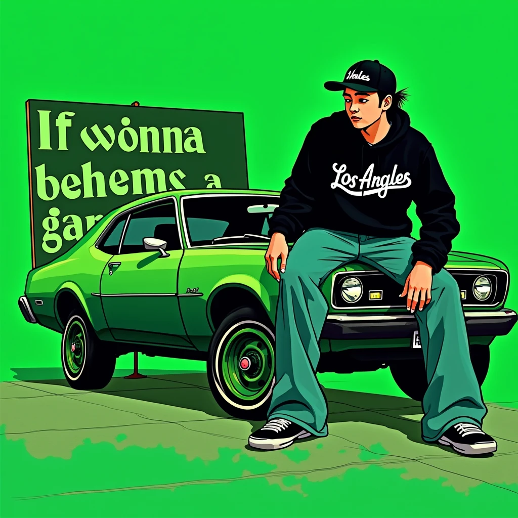 G-FUNK Hip Hop album cover, green background, green car, with the words If WONA behemes a gangster on the back of the painting, an Asian teenager wearing a black LA hoodie and a black LA ball cap with a deep press and a wide blue jeans sitting on the bonnet of a car
