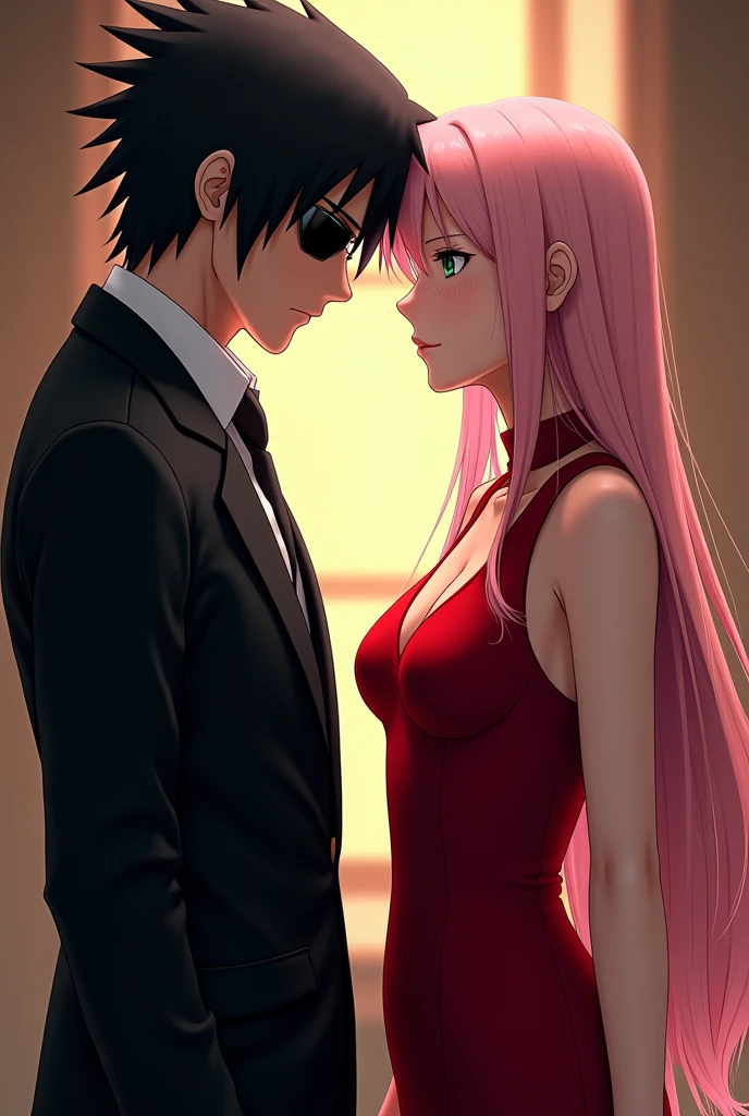 Sasuke Uchiha with a dark hair and black eyes eye patch and a stylish black suit hugging Sakura Haruno with her long light pink hair and green eyes wearing a red dress, both dressed in elegant clothes as if they were from the mafia and staring at each other
