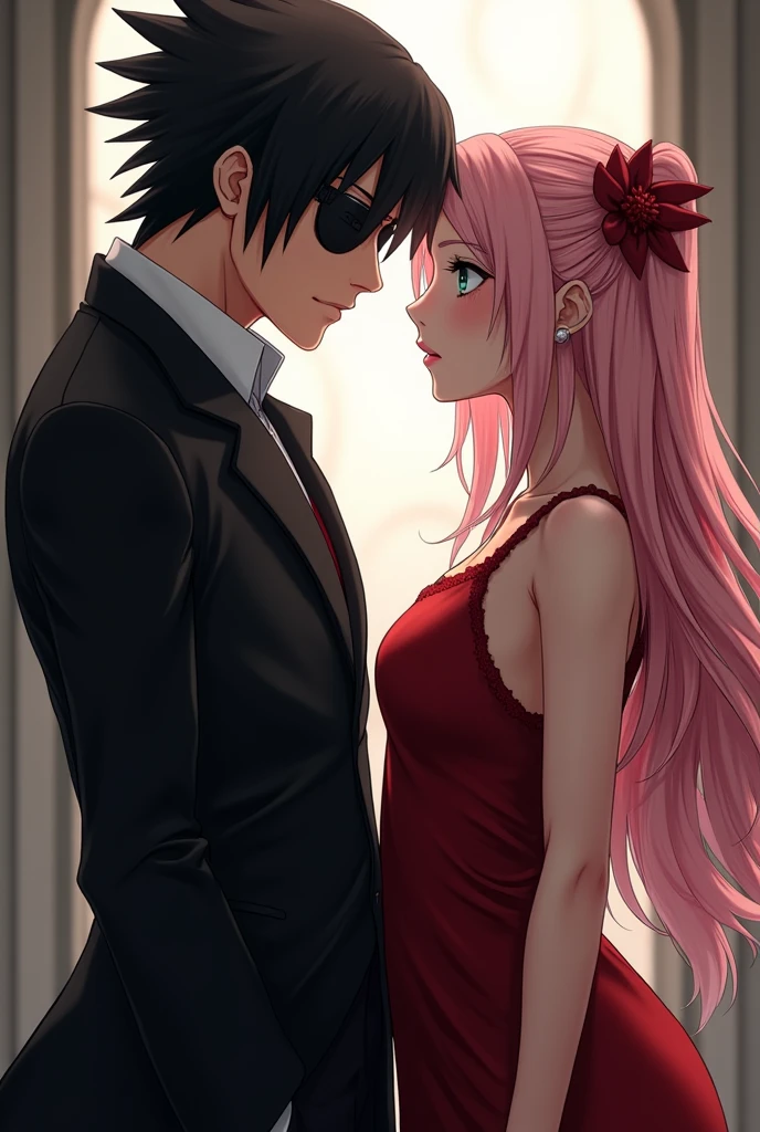 Sasuke Uchiha with a dark hair and black eyes eye patch and a stylish black suit hugging Sakura Haruno with her long light pink hair and green eyes wearing a red dress, both dressed in elegant clothes as if they were from the mafia and staring at each other
