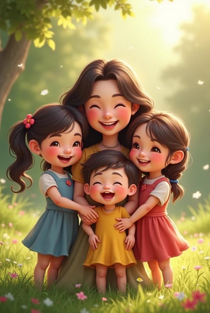A picture of a mother with 2 happy daughters and a son