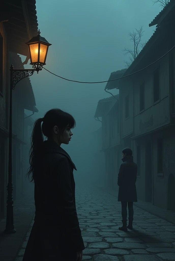 a dark and gloomy town called Villa Luz, Shrouded in a thick fog that barely lets you see the weathered wooden houses. In the middle, there is an empty square, illuminated only by the dim light of a flickering street lamp. clara, with a worried expression on his face, He watches his friend from behind, who is near an elongated shadow, as if I were talking to someone who can&#39;t be seen.

Detrás de clara, You can see worn murals that tell stories of ancient legends of the town. The atmosphere is tense, con un aire de misterio que rodea a la amiga de clara, who is wearing a dark coat and looks restless. Los ojos de clara reflejan dudas y miedo, while her thoughts revolve around the possibility that her friend is the murderer who has terrorized Villa Luz.

