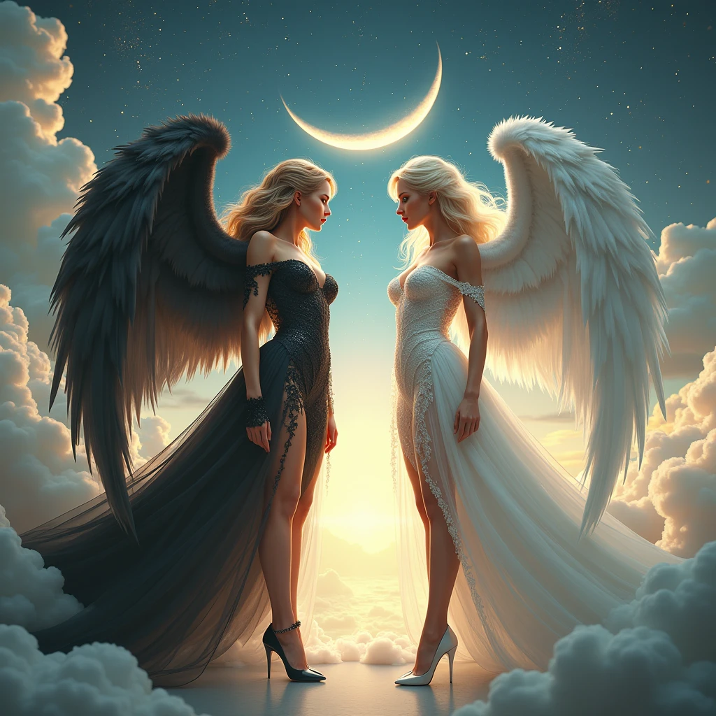 (highest quality, masterpiece, High resolution), 16K, fantasy art, RPG art a picture of (((1 female))), BREAK a (1female Angel: 1.3) , wearing intricate dress glam dress, ((black dress: 1.3)) pale skin, best details beautiful face , (blonde: 1.2) hair, long hair vy hair (green: 1.1) eye, High heelsブーツ, large Angelic wings, (white: 1.2) angelic wings spread BREAK ((and)) a (1female demon: 1.3), (red: 1.4) skin, Devil's Wings, (black: 1.1) Devil's Wings spread, Devil horns, (red: 1.1) skin, black hair, red eye, best details beautiful face, wearing a intricate dress glam dress, ((white dress: 1.3)), High heels, in the border between heaven and hell, moon, stars, cloud, god rays, soft nあturあl light silhouette, dynamic angle, Photorealism, panoramic view (Masterpiece 1.3, intense details) , Wide-angle, ultra-wide