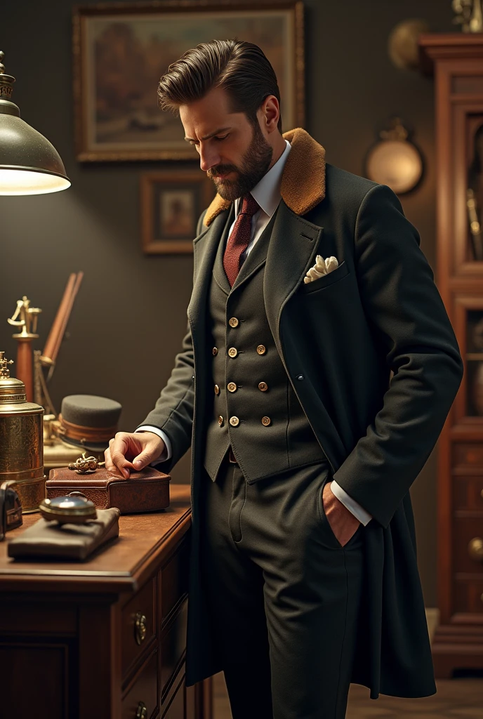 Here’s a quick visualization of the concept:
1. **Vintage Leather Jackets**: Imagine a stylish man in a classic leather jacket, standing in a vintage-themed room or store with retro decor. He could be examining a jacket or casually leaning against a display.
2. **Military Memorabilia**: Picture a man in a room filled with military artifacts, such as old uniforms, medals, and historical equipment. He might be attentively examining or organizing these items, showcasing his interest.
3. **Classic Accessories**: Visualize a close-up of a man’s hand adjusting a vintage watch or examining classic cufflinks, with a background that hints at a sophisticated or antique setting.
4. **Collector Environments**: Envision a well-organized collection room with shelves displaying a mix of vintage leather jackets, military memorabilia, and classic accessories. The setting should have an air of nostalgia and meticulous curation.