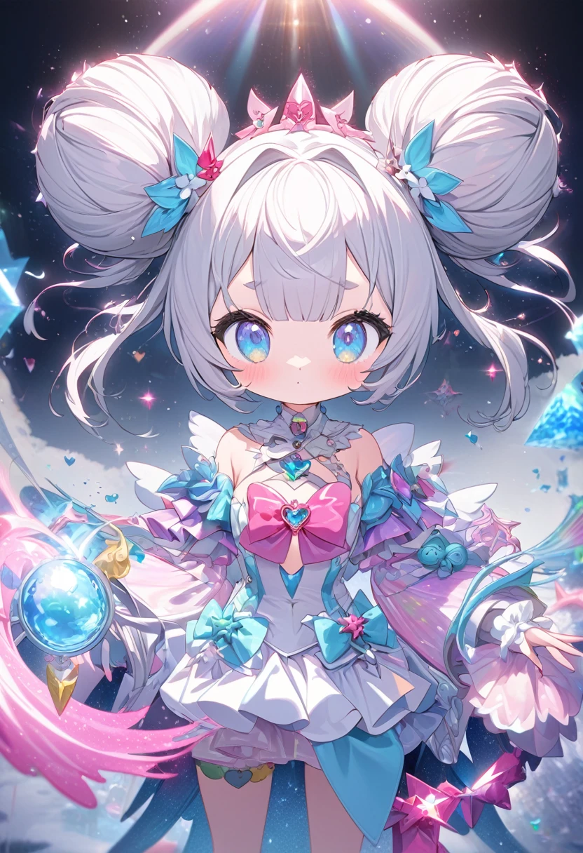 fantasy world that combines flower-punk and gem-punk, kawaii, cute magical girl, silver two side twin bun silky straight with blunt bang, cute lazy look, blue big eyes, glamorous proportions, wearing magical girl costume with a large opening at the chest, background distorted space from another dimension, cute little devils, conceptual installation art, (ultra detailed, absolutely resolution, best quality:1.3), 2.5D, delicate and dynamic effects, foggy filter effects, iridescent glitter effects, artistic, hyper, graphic CG digital fantasy art