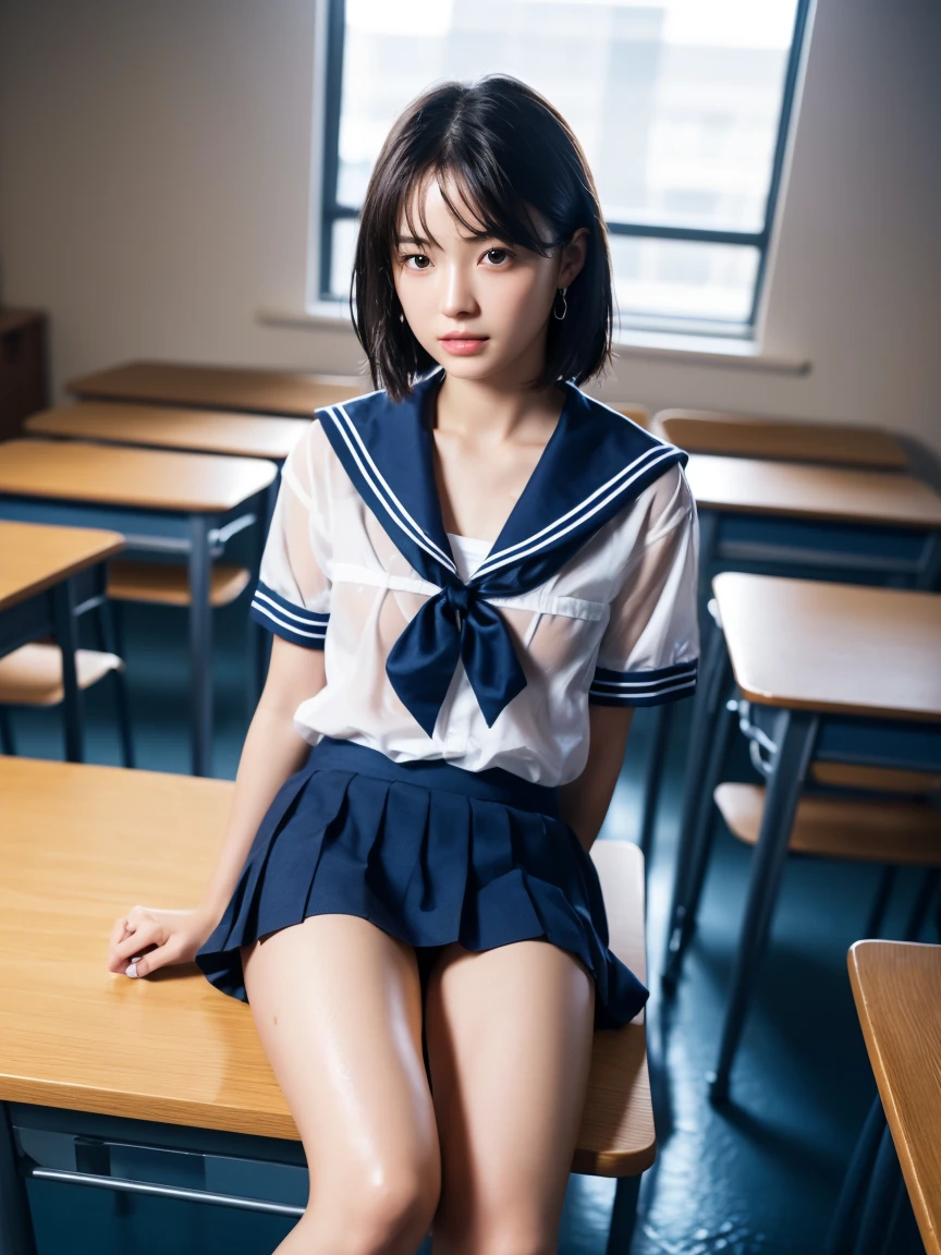 masterpiece:1.2, Very detailed, Ultra-high resolution, Realistic, photo Realistic:1.6, High-resolution RAW color photos, Professional photos, Sharp focus:1.2, Very detailed顔と肌の質感, Very beautiful eyes, Glossのある肌, Glowing Skin, Glowing Skin, Shining Face, Gloss, Oily skin, greasy face, Oily skin, greasy face,, real Glossのある肌 texture, Perfect Anatomy, Very detailed背景,(High school classroom at night),1 female,25-year-old woman, Japanese women,height: 168cm,short hair, Straight hair, bangs, Brown Hair,((Flat Chest:1.6)),Slender legs, (See-through white short-sleeved sailor suit、Navy blue pleated mini skirt:1.5、Sexy T-panties under skirt),(A sailor uniform made of wet, very transparent fabric:1.5),Earrings,(Sit on your desk with your knees upright:1.4)