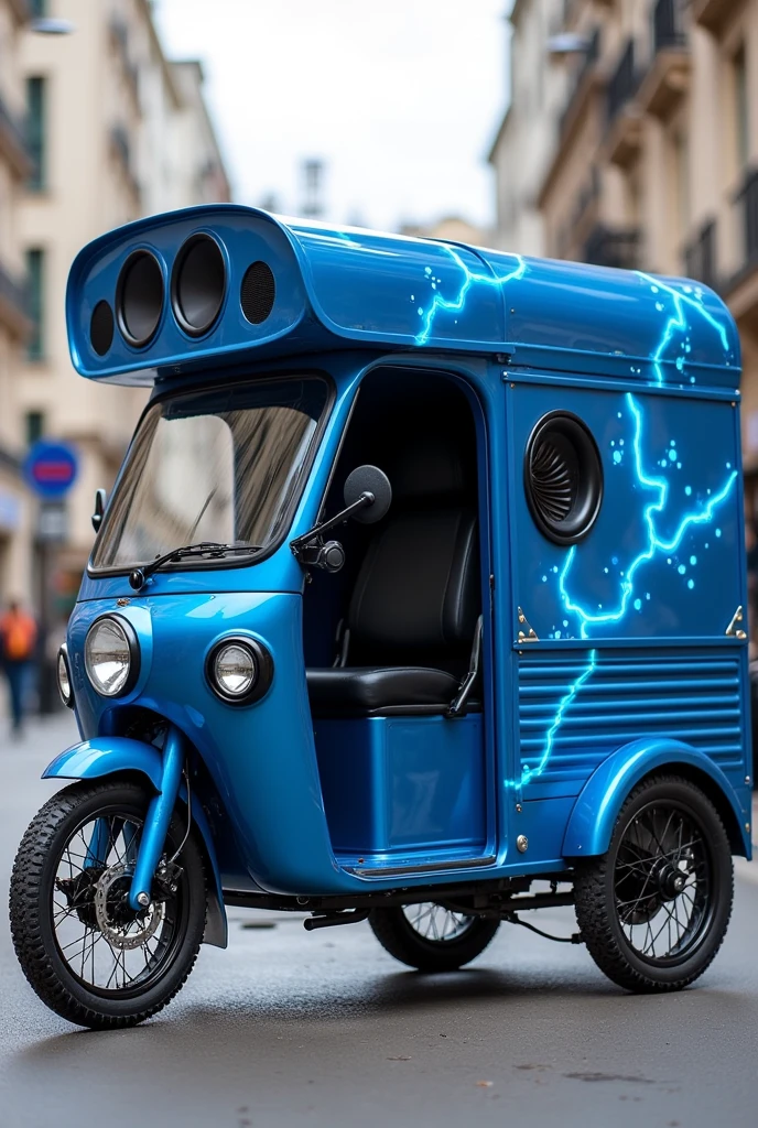A blue cargo bike with a robust design, equipped with large sound holes on both sides of the cargo compartment. The bike has a blue cover above the seat, decorated with a blue thunder design that runs the entire length of the roof, creating an impactful look. The scene is set in an urban setting, with buildings in the background and the bike ready to be used for a delivery or music performance.