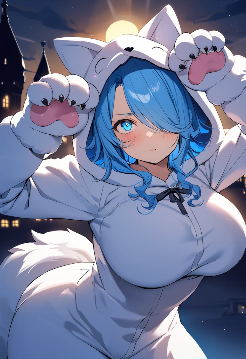 ((best quality, high-quality)), In anime style, ((Wolf Kemomimi Girl)), Solo, ((Big breasts)), ((Mizuiro Hair Berry Berry Short,Blue inner color)), (((Hair over one eye))), (((Yellow and Blue Odd-Eye:1.5))), plump shiny lips, Beautiful clear eyes, Spoken Heart,(((Fluffy, Big Hand Wolf Costume:1.5))), embarrassed, (dynamicposes:1.4), (((Show me your paws, Gao's Pose:1.5))), (Suspicious light, rays of moonlight:1.4), (Moon and castle background), (Blue Full Moon:1.2), Fantasy Worldwide, high-angle shot, masutepiece,Best Quality,ultra-detailliert, masterpiece,