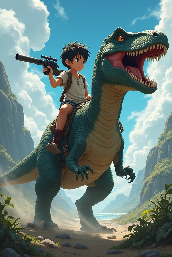 Anime boy with gun  riding dinosaur  ark theme