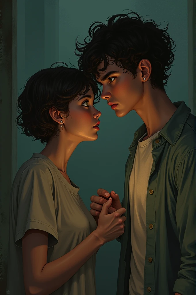 Girl with short curly hair and brown eyes next to a tall curly boy with green eyes in a possessive and jealous environment 