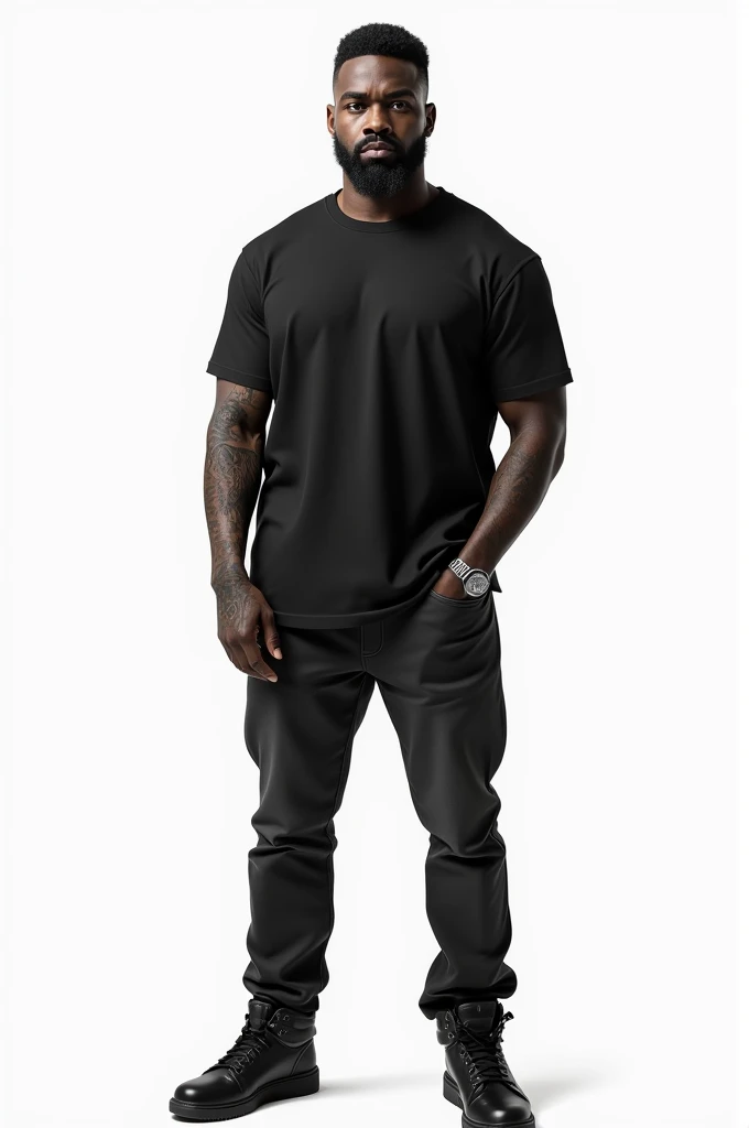one men, moreno word, 30years, barba, Average height, lion tattoo on forearm, casual outfit, stark, going, black sneakers, fully body, white background