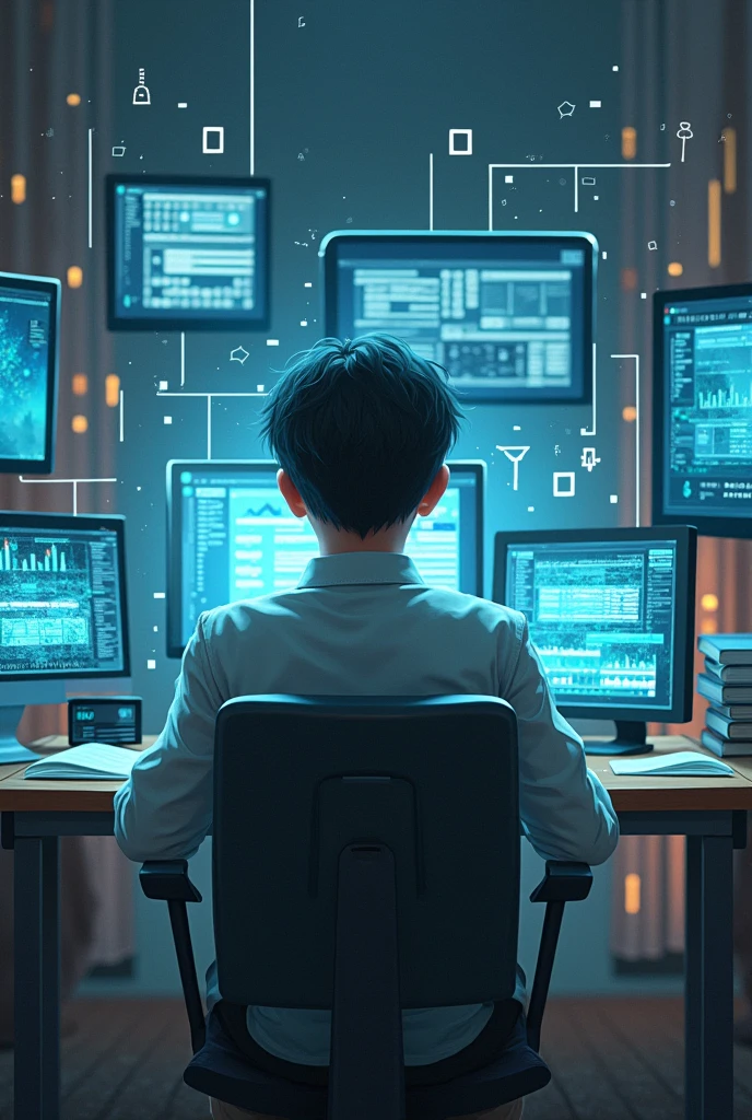 Create an image of a person studying about the digital age