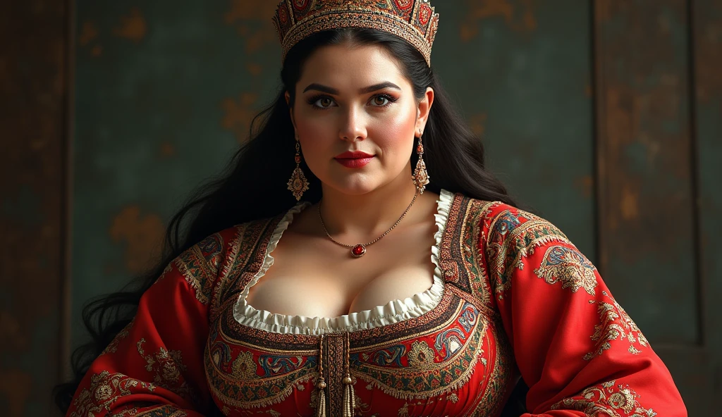 Russian woman is fat, strong, rouged, in a sarafan and kokoshnik. Very strong makeup