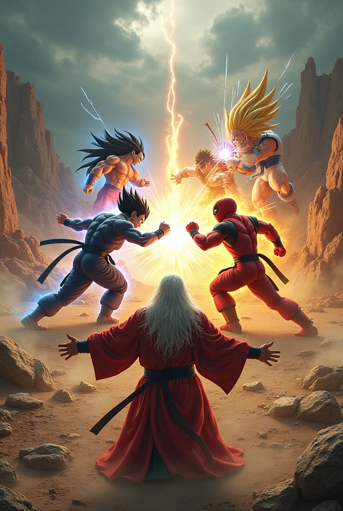 Goku fighting vs deadpool and vegeta vs Wolverine and master kame separating