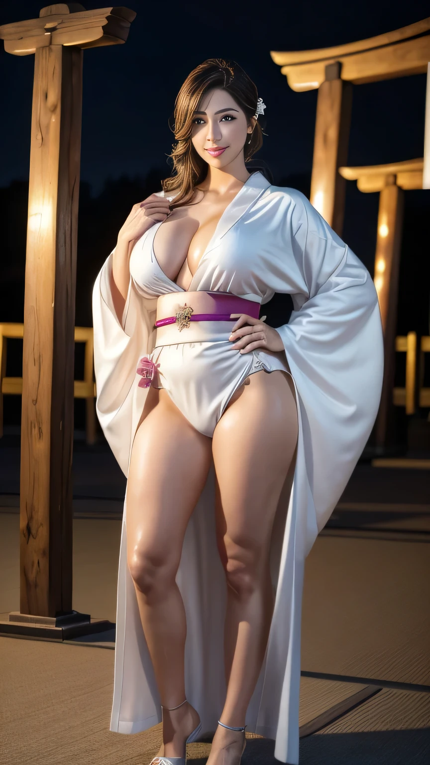 (Highest quality, masterpiece:1.2), (Realistic, photo-Realistic:1.4), RAW Photos, High resolution, Intricate details, Very detailed, Cinema Lighting, (Front view, Front view), To the camera, Full body image, Japanese , (They stand with their hands clasped behind their heads.:1.5), (Revealing clothing、Knee-length white kimono, (The front of the kimono is completely open:1.4), (Not remediated:1.4), Exposing Skin., Naked in kimono, The thighs are exposed), break, (Covered nipples, Breasts bigger than face, Round Breasts, Super Breasts:1.4), (bulge of cloth, Covered nipples:1.3), Covered pubic hair, Little Woman, Black Hair, Detailed face, Detailed eyes, Refined nose, Grin, break, There were a lot of men around her.., All men wear loincloths.break, Crowdsurfing, Photo Background, torii in the background, Approach to a Japanese shrine, Night approach, Lanterns are lined up on both sides of the approach to the shrine.., perspective background, Soft light from the front, (Full body image),