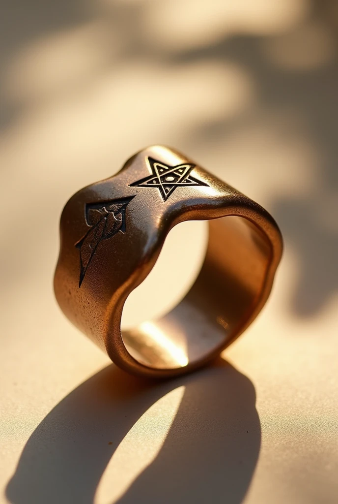 （（Ring minimalist design concept art）），(Ring art design,Pentagram pattern,Simple jewelry design,Art Nouveau,dynamic art,Contemporary art:1.45)，Bronze ring，（Ring concept blueprint），（（Wavy rings）），Engraved with a five-pointed star，（exquisite craft），Hemming，Natural sunlight，Shining Effect