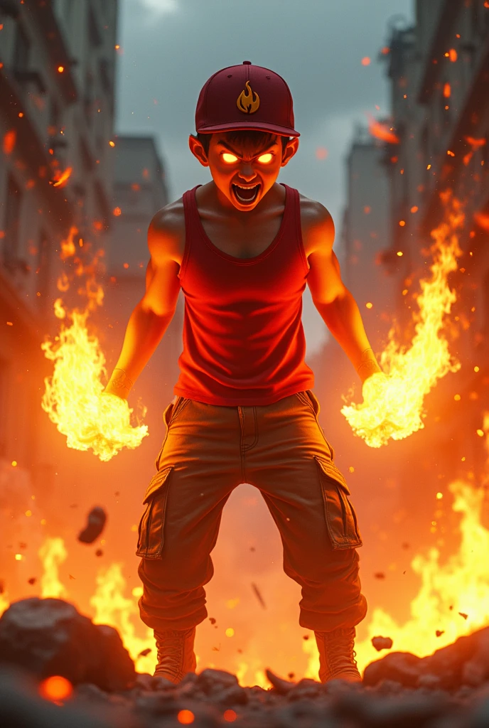 a man real age age . 19 Malaysia Indonesia.(orange eyes) Glowing eyes. Anger face. Open mouth. . wearing an (ruby red ) singlet, (ruby red) cap with small logo (flame) logo. anger face . Dramatic.ruby red singlet ,(ruby red)cargo pant,, detailed face, cinematic lighting, dramatic atmosphere,.hot day. vibrant colors, 8k, high quality, photorealistic. Hero suit. fire flame from his hand. Glowing fireblast ember element from hand, ember everywhere . Glowing hand fire , flame patern logo design . Very strong. Future design dress. Very epic. Very hot background.. dark sky. Very strong. Flying on the sky . fire very strong . Flying burn dry leave everywhere.. fire ball sharp shape power from hand .rasengan . At city. Damage building. Floating small rock everywhere.