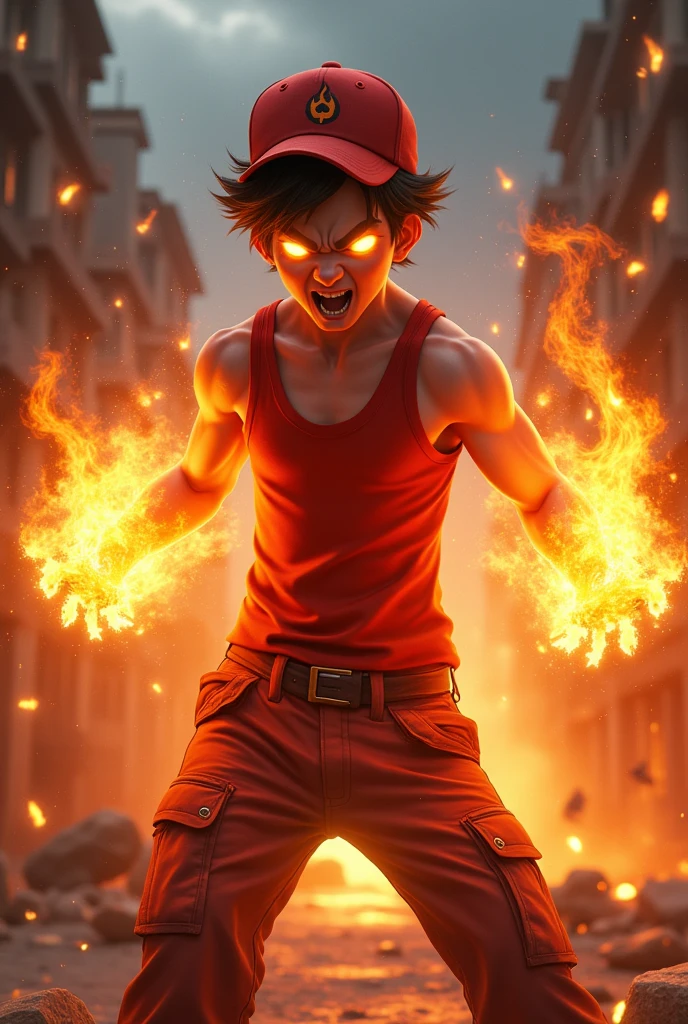 a man real teenage age . 19 Malaysia Indonesia.(orange eyes) Glowing eyes. Anger face. Open mouth. . wearing an (ruby red ) singlet, (ruby red) cap with small logo (flame) logo. anger face . Dramatic.ruby red singlet ,(ruby red)cargo pant,, detailed face, cinematic lighting, dramatic atmosphere,.hot day. vibrant colors, 8k, high quality, photorealistic. Hero suit. fire flame from his hand. Glowing fireblast ember element from hand, ember everywhere . Glowing hand fire , flame patern logo design . Very strong. Future design dress. Very epic. Very hot background.. dark sky. Very strong. Flying on the sky . fire very strong . Flying burn dry leave everywhere.. fire ball sharp shape power from hand .rasengan . At city. Damage building. Floating small rock everywhere.