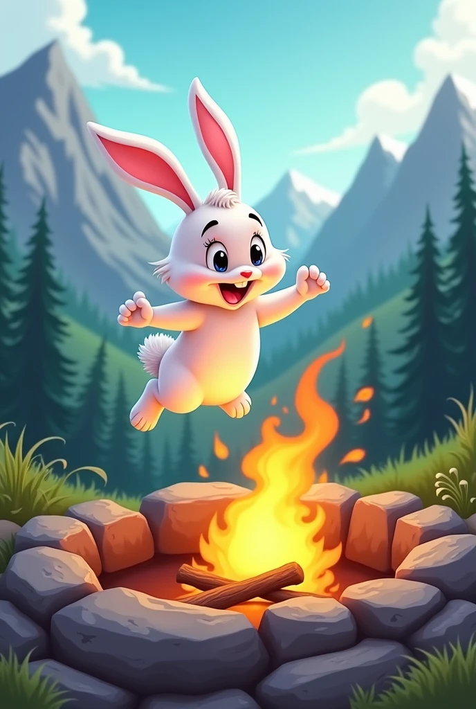 There is a fire pit in the mountains and a white rabbit jumps into the fire pit cartoon version