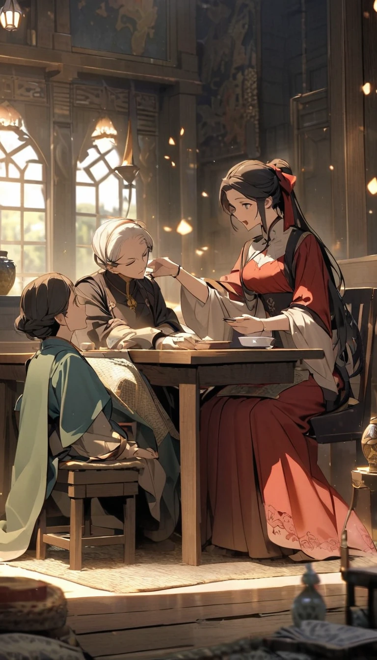 The scene where the general and his mother receive advice from a fortune teller。The general's face is depicted large.、He is looking at a picture of a dog with a troubled expression.。In the background, a scene of the mother tenderly speaking to the general is depicted.。