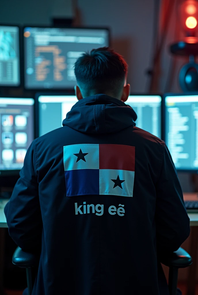 Man sitting with his back to many monitors wearing a hacker coat with the Panama flag on the back with the name written on it "King E👑🇵🇦"
