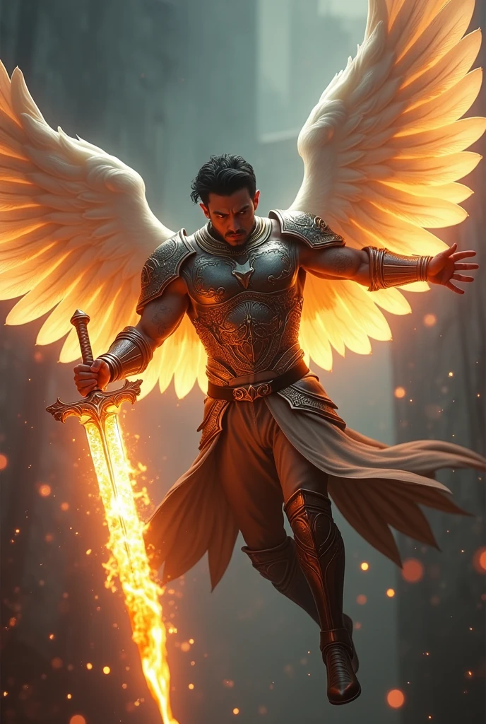 masterpiece, best quality, realistic, ultra detailed, very sexy, very homoerotic, movie poster style, dungeons and dragons, character design, bruneian man with round face, muscular, fashionable dark hair, white angel wings, celestial heavy armor, flying mid-air, dramatic slashing with flaming sword towards camera, cinematic lighting, dramatic shadows