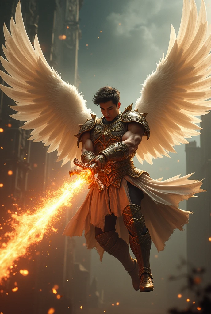 masterpiece, best quality, realistic, ultra detailed, very sexy, very homoerotic, movie poster style, dungeons and dragons, character design, bruneian man with round face, muscular, fashionable dark hair, white angel wings, celestial heavy armor, flying mid-air, dramatic slashing with flaming sword towards camera, cinematic lighting, dramatic shadows
