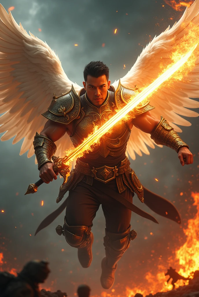 masterpiece, best quality, realistic, ultra detailed, very sexy, very homoerotic, movie poster style, dungeons and dragons, character design, bruneian man with round face, muscular, fashionable dark hair, white angel wings, celestial heavy armor, flying mid-air, dramatic slashing with flaming sword towards camera, cinematic lighting, dramatic shadows
