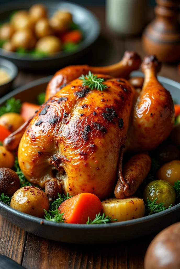 An image of a roast chicken dish with vegetables that the image is 1:1