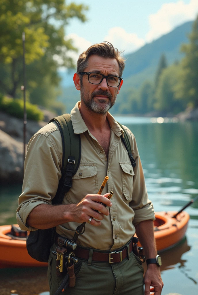 Man with straight hair to the side wears glasses, with a belly and a fishing kit and a rod and a kayak, and with straw cigarette