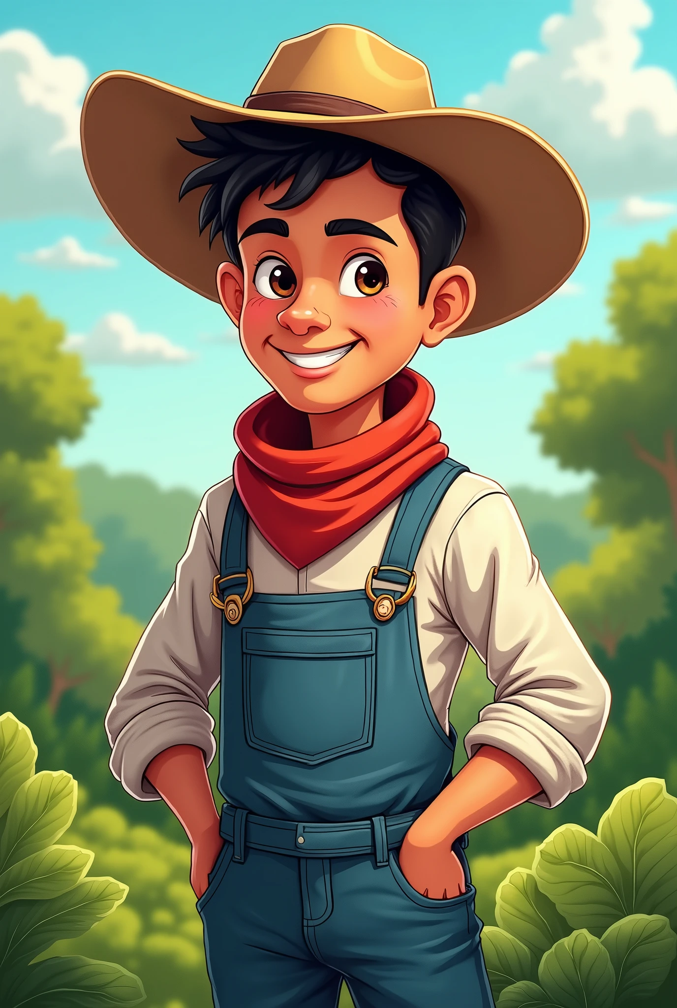 Cartoon of a Chiriquí farmer from Panama, with folded jeans, will cure, White long sleeve shirt with rolled up sleeves, red scarf around his neck and his hat