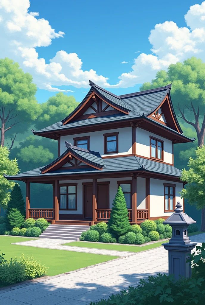 Biệt thự mái Nhật 1 tầng 3 gian, has front facing living room, There is a small church on the right side of the L-shaped house., Japanese roof house with double frontage.5 times the church is facing the living room with a mini fountain, small gentle garden of la han pine.