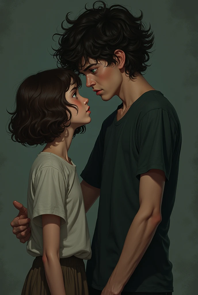 Girl with short curly hair and brown eyes next to a tall curly boy with green eyes in a possessive and jealous environment 