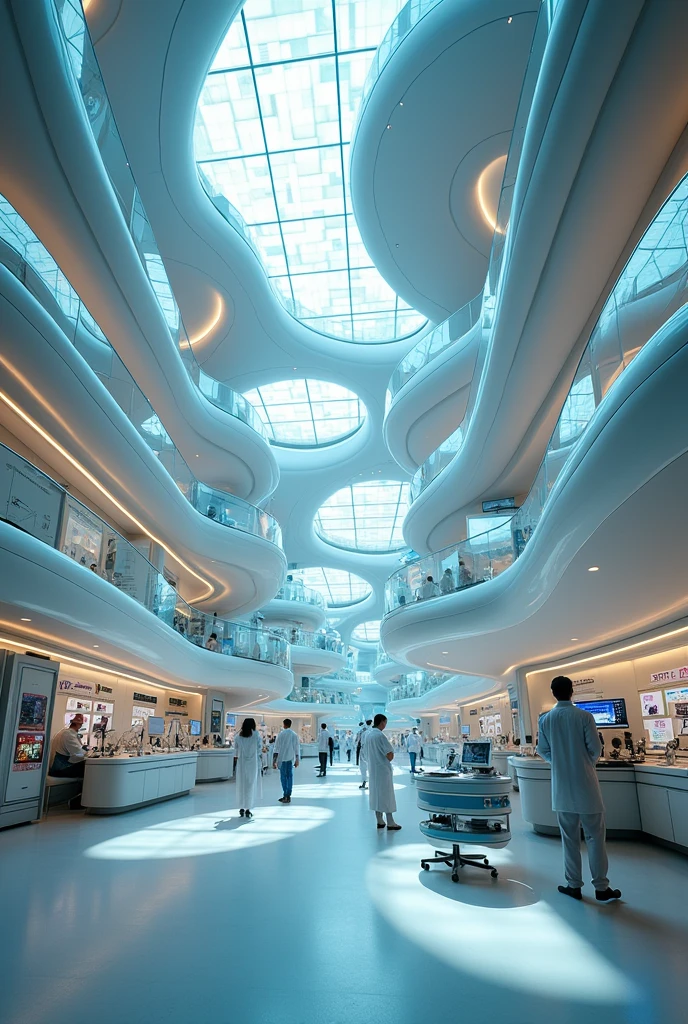 Futuristic medical research center in the near future, designed to address recent breakthroughs in biotechnology and personalized medicine. The center is equipped with advanced labs featuring holographic interfaces and AI-assisted research tools. Transparent walls and open spaces allow for collaborative work and real-time data sharing. The architecture includes organic, flowing designs with bioengineered materials that adapt to environmental conditions. The center incorporates automated health monitoring stations for real-time diagnostics and personalized treatment plans. Interactive displays provide updates on global health trends and research advancements. The image should be in high resolution (4K or higher) and showcase a broad view of this cutting-edge medical facility, emphasizing the integration of advanced technology and innovative design in healthcare.