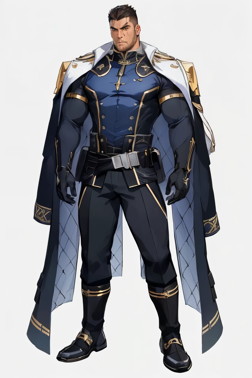 Masterpiece, Best Quality, Ultra-Detailed, 1man, solo, male, manly male, rugged, strong, bara, jock, stud, bear, short hair, black hair, wide jaw, a close up of a person in a man with a cape, genshin impact character, ( ( character concept art ) ), gilded black uniform, cyborg nobleman, best anime character design, official character art, casimir art, detailed full body concept art, picture of a male cleric, white background
