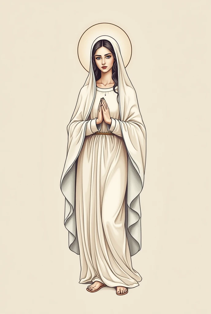 I want to get a tattoo style "fine line" of the Virgin of Coromoto. make me a minimalist design of her, with the most similar features to the Venezuelan relic. that is delicate and feminine