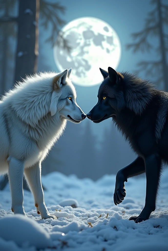 Two huge wolves, one white and one black, separated by a season, the white wolf for winter and the black wolf for autumn. both looking at each other and about to attack. In the background a bright moon rising in all its splendor