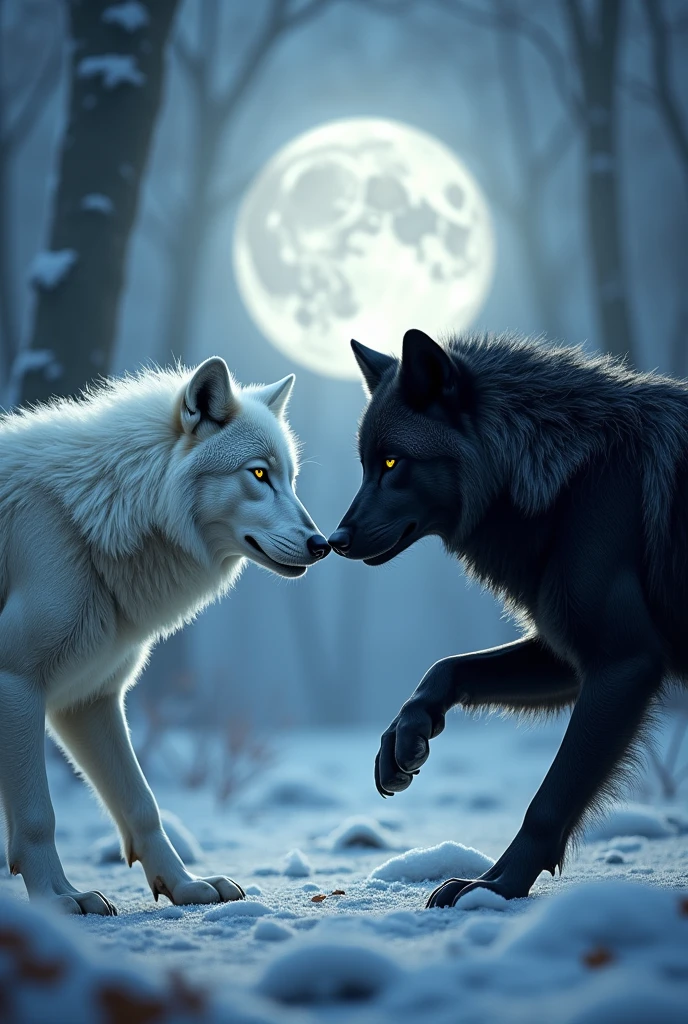 Two huge wolves, one white and one black, separated by a season, the white wolf for winter and the black wolf for autumn. both looking at each other and about to attack. In the background a bright moon rising in all its splendor
