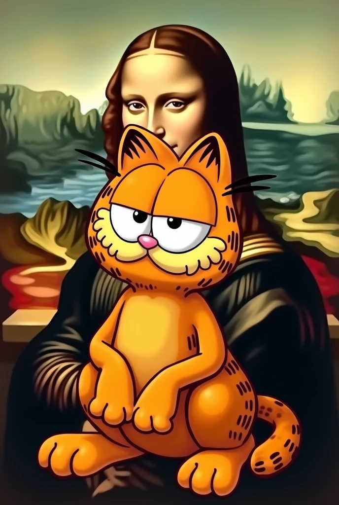 A drawing of Garfield in the style of Leonardo da Vinci&#39;s painting, where instead of the Mona Lisa it is Garfield but with an easy-to-draw style.