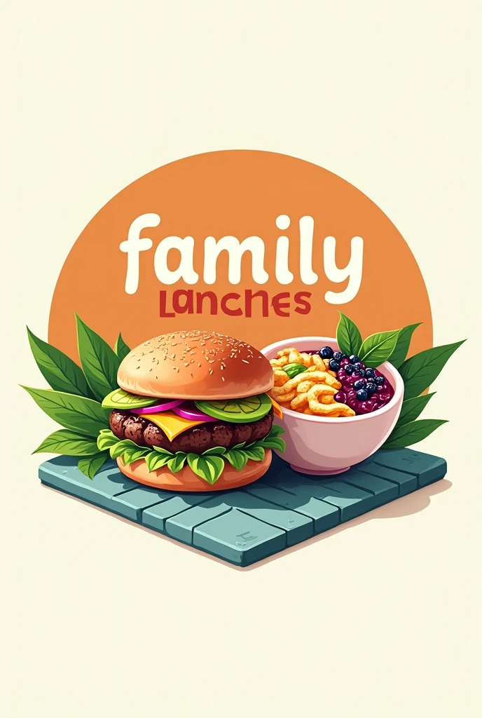 Create a logo for a food truck, with a photo of a hamburger and an açaí in the background, highlighting the sentence "Family  Lanches" exactly like that the sentence